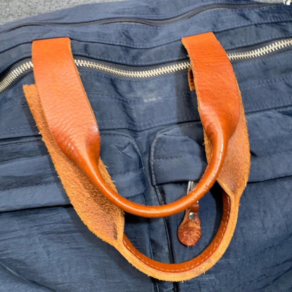 J Crew Harwick Duffle Bag Blue Brown Leather Trim Travel Weekender Overnight